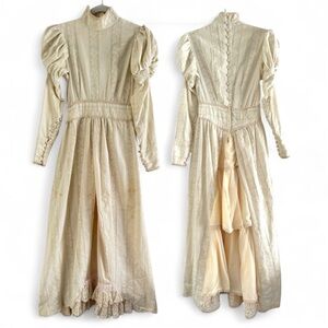 Vintage Victorian Prairie Dress Maxi Gown Cream Puff Sleeves Bustle Wedding 4